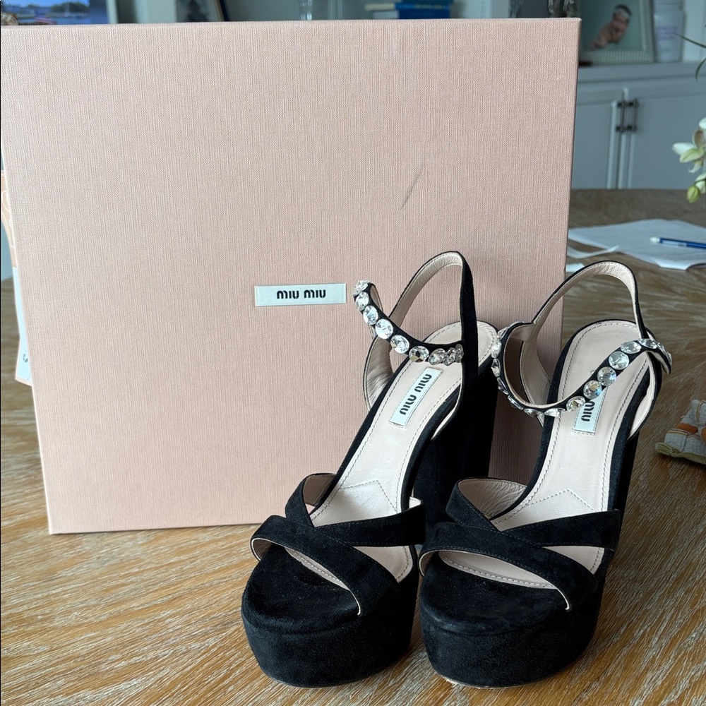Miu Miu Black Heeled Sandals with Ankle Strap